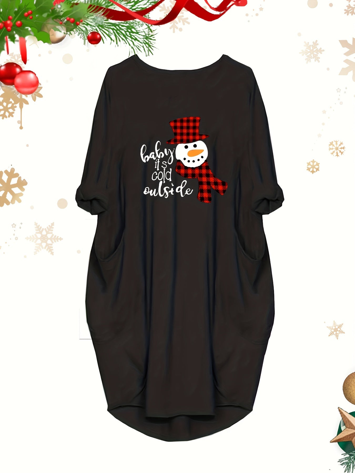 Women's Christmas Dress Snowman & Slogan Print Long Sleeve Loose Fit