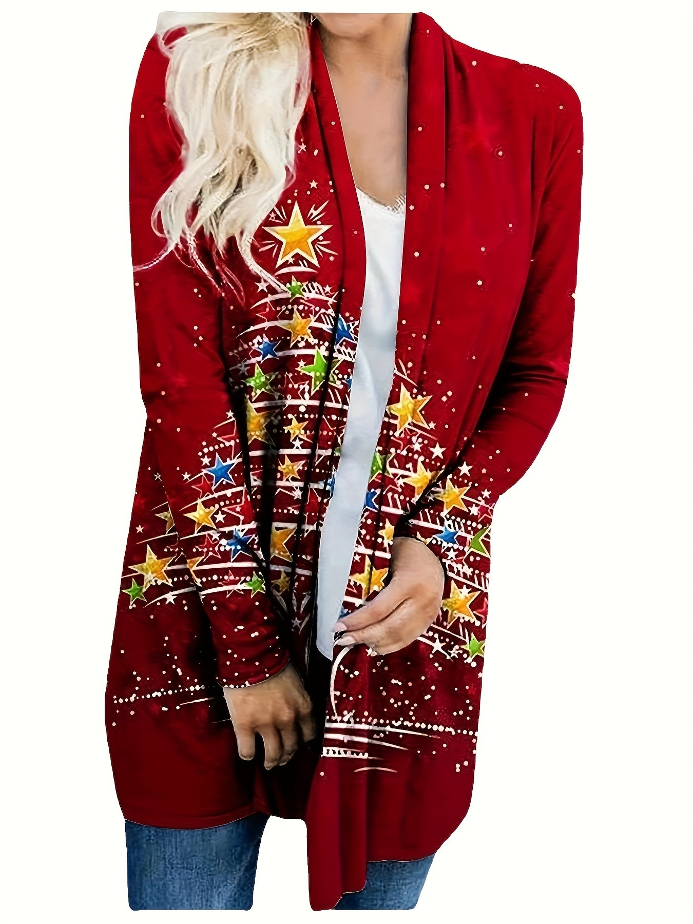 Christmas Cardigan Women's Tree Print Open Front