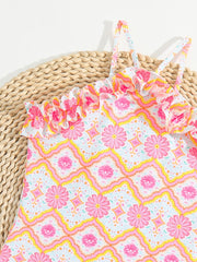 Geometric Floral Print Ruffle Girls Swimsuit Halter Neck