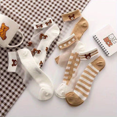 5 Pairs Girls Cartoon Bear Boat Socks Kids Summer