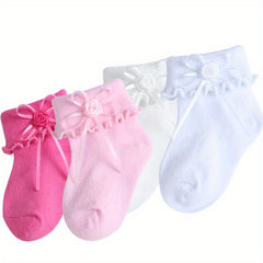 4 Pairs Girls Knit Ruffled Socks with Flower Decoration