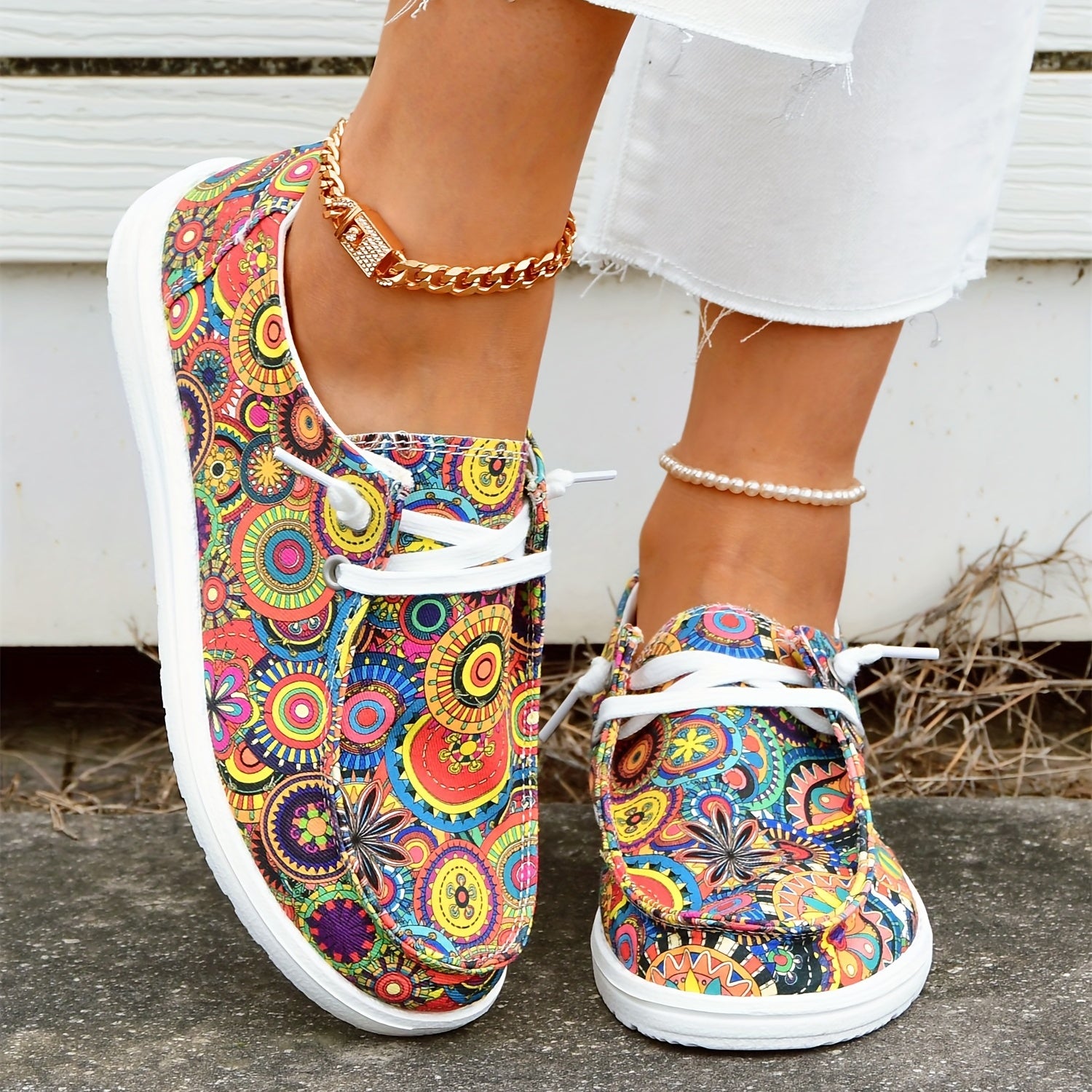 Women's Floral Printed Canvas Flats Casual Walking Sneakers