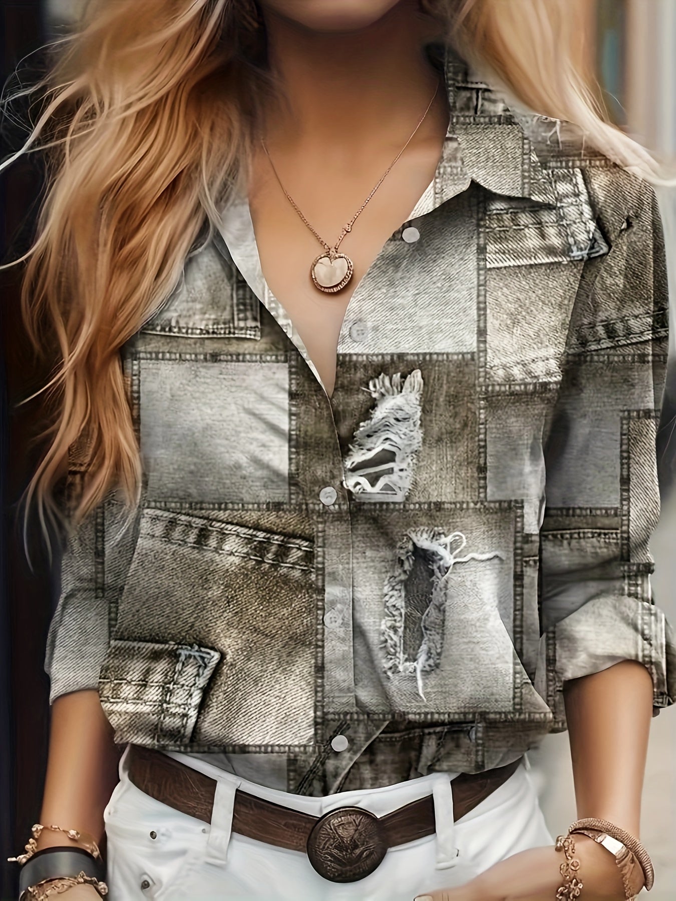 Denim Print Button Up Long Sleeve Blouse