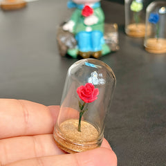 Dollhouse Furniture Rose in Glass Dome Decorative Simulated Flower Red Green