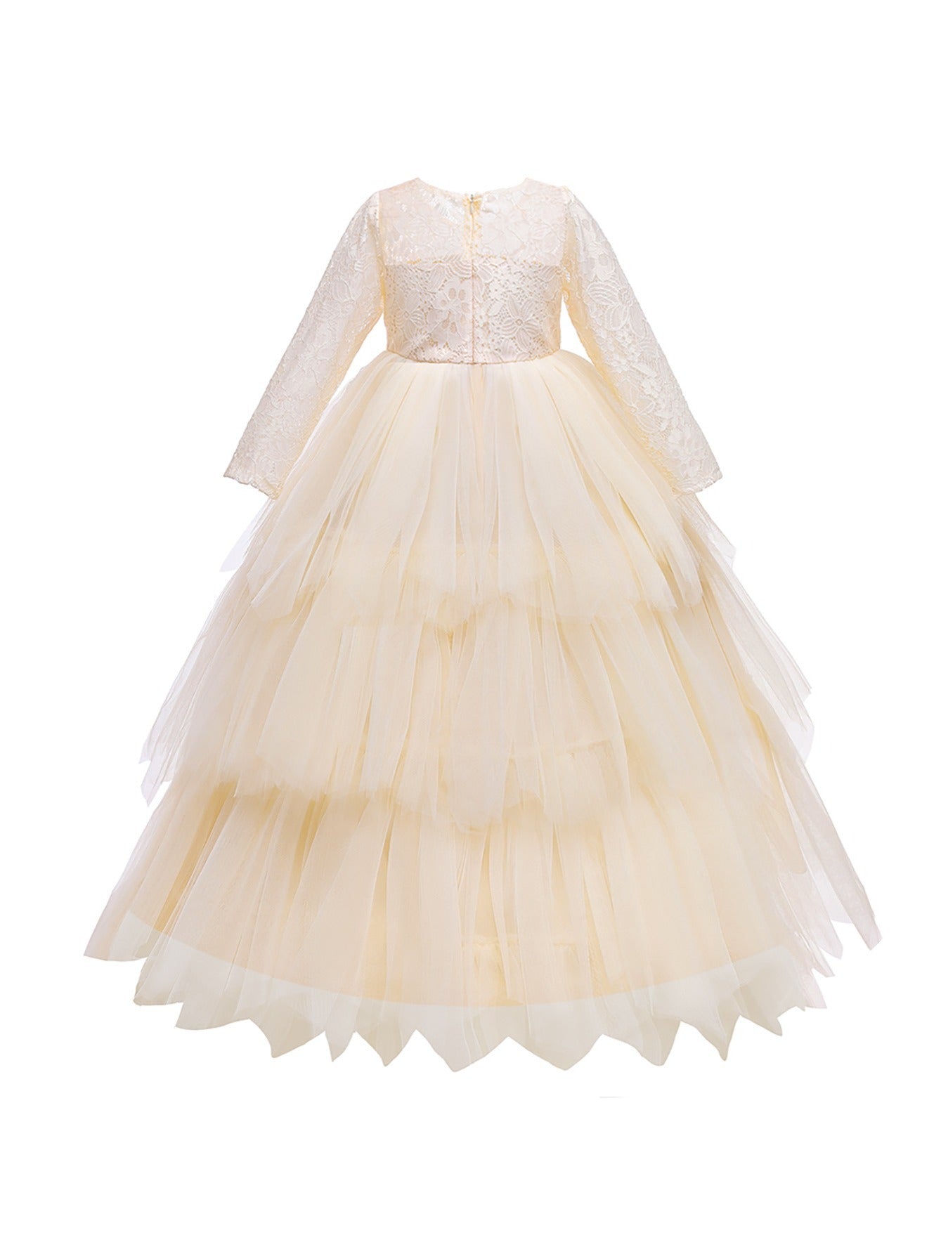 Mesh Puffy Princess Dress Girls Lace Long Sleeve Wedding Dress