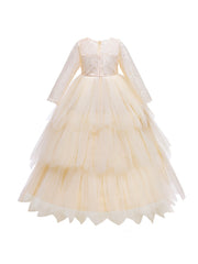 Mesh Puffy Princess Dress Girls Lace Long Sleeve Wedding Dress