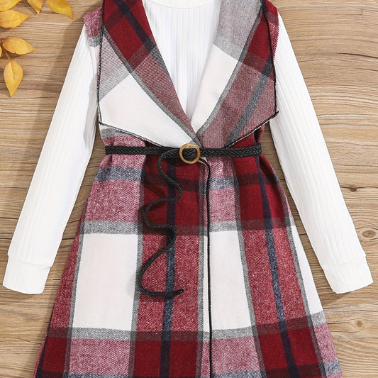 Girls' 2 Piece Mock Neck T-Shirt & Belted Vest Coat Set