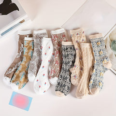 9 Pairs Floral Print Socks Breathable Mid Tube Women's Stockings