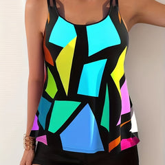 Geometric Pattern Tankini Set Multicolored Swimsuit Women's Swimwear