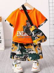 Boys Motorcycle Casual Outfit with T-shirt, Shorts & Bag for Summer Kids