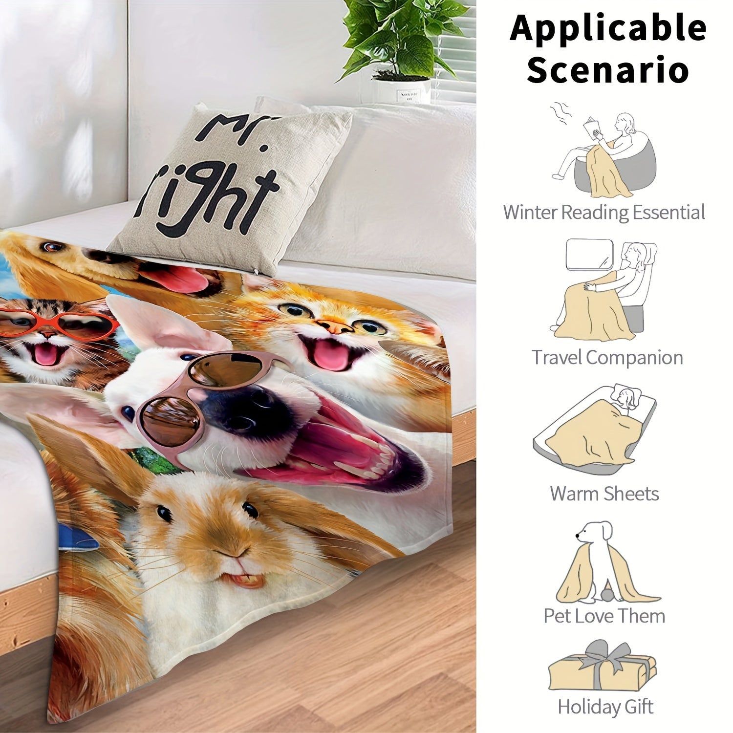 Funny Cat Dog Rabbit Blanket Soft Warm Throw Blanket For All Seasons