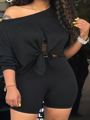 Casual Outfits Set Women Plain Long Sleeve Crop Top & Shorts 2pcs