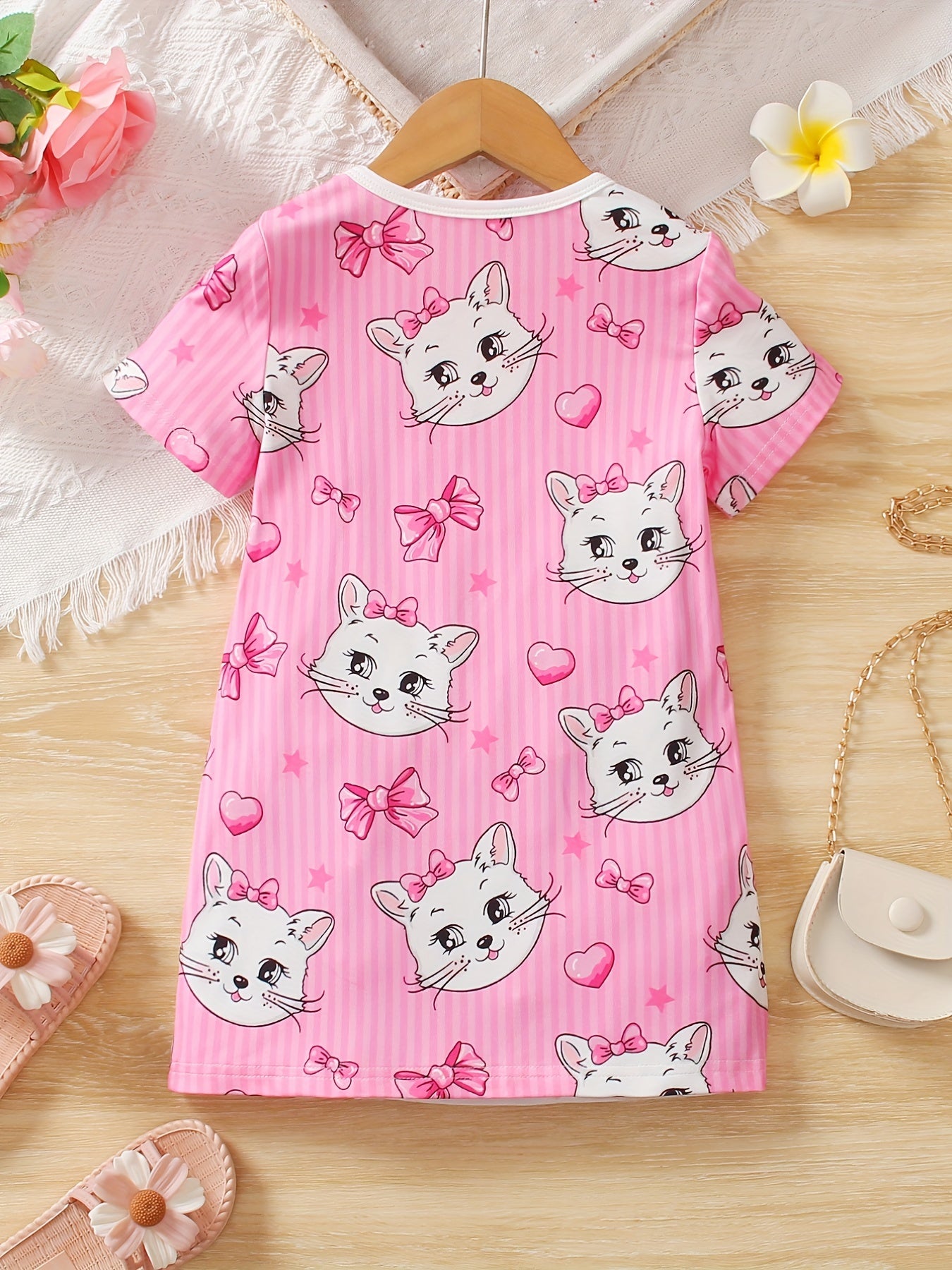 Toddler Girls Cartoon Cat Graphic T-shirt Dress For Party Kids