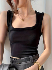 Solid Square Neck Tank Top Wide Straps Padded Sports Vest Top