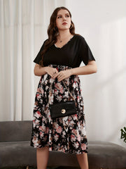 Floral Print Short Sleeve Plus Size Midi Dress