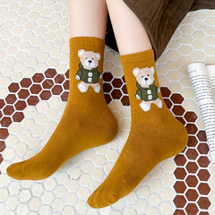 5 Pairs Cartoon Bear Print Socks Women's Mid Tube Stockings