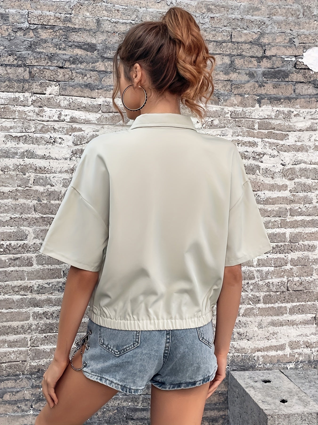 Solid Stand Collar Short Sleeve Jacket