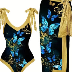Butterfly Print Tankini Set with Skirt