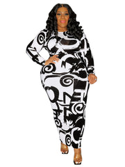 Random Print Long Sleeve Bodycon Dress Women's Plus Size