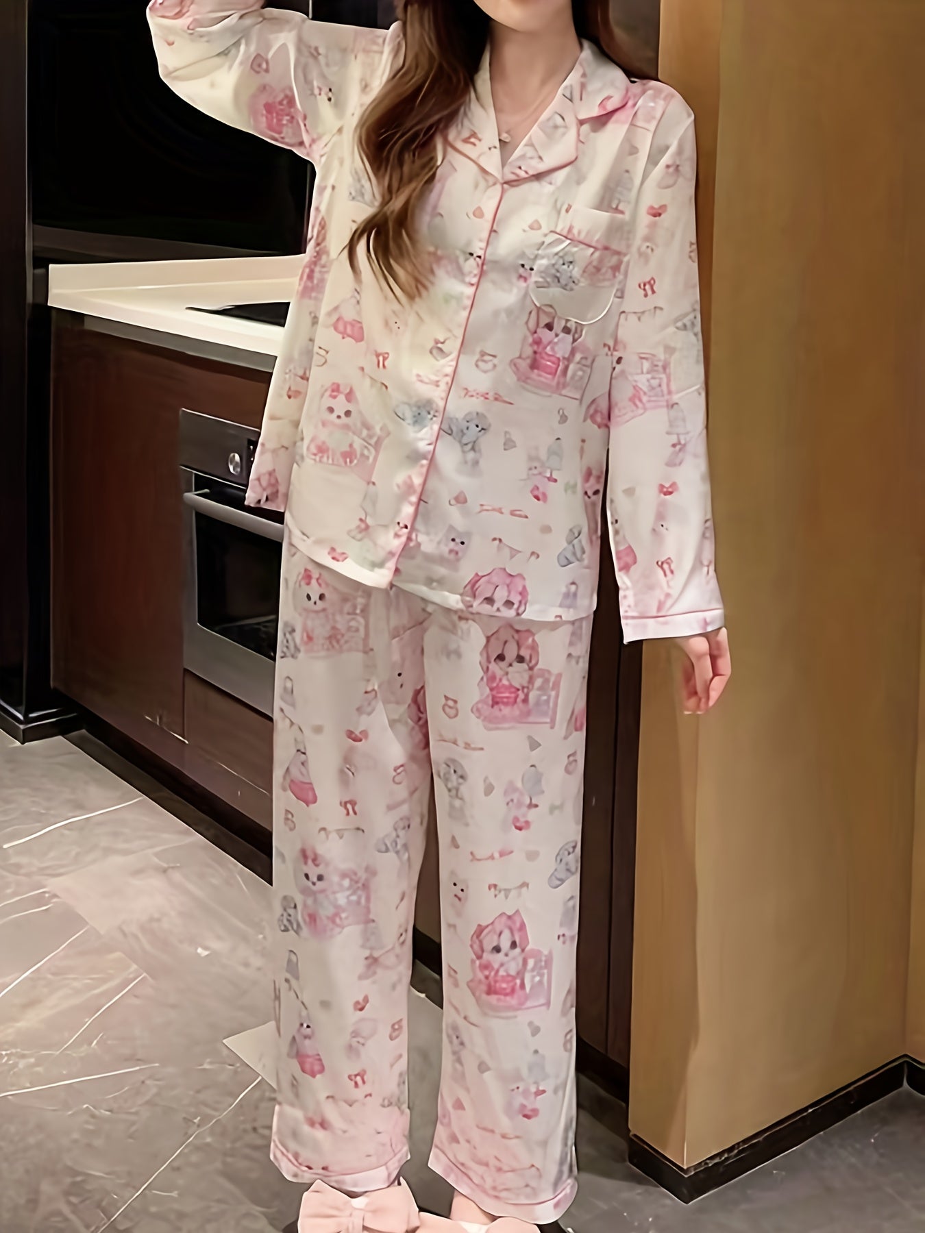 Cartoon Print Pajama Set Long Sleeve Top & Pants Women's Sleepwear
