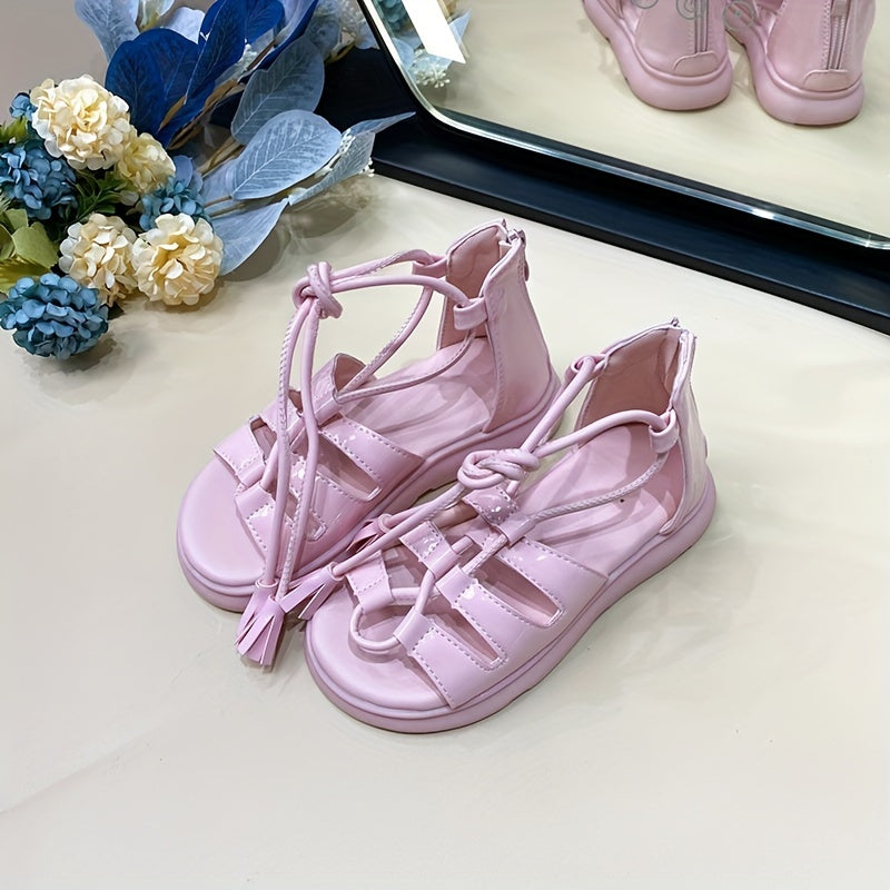 Kids Lace up Flat Sandals Girls Open Toe Non slip Zipper Sandals