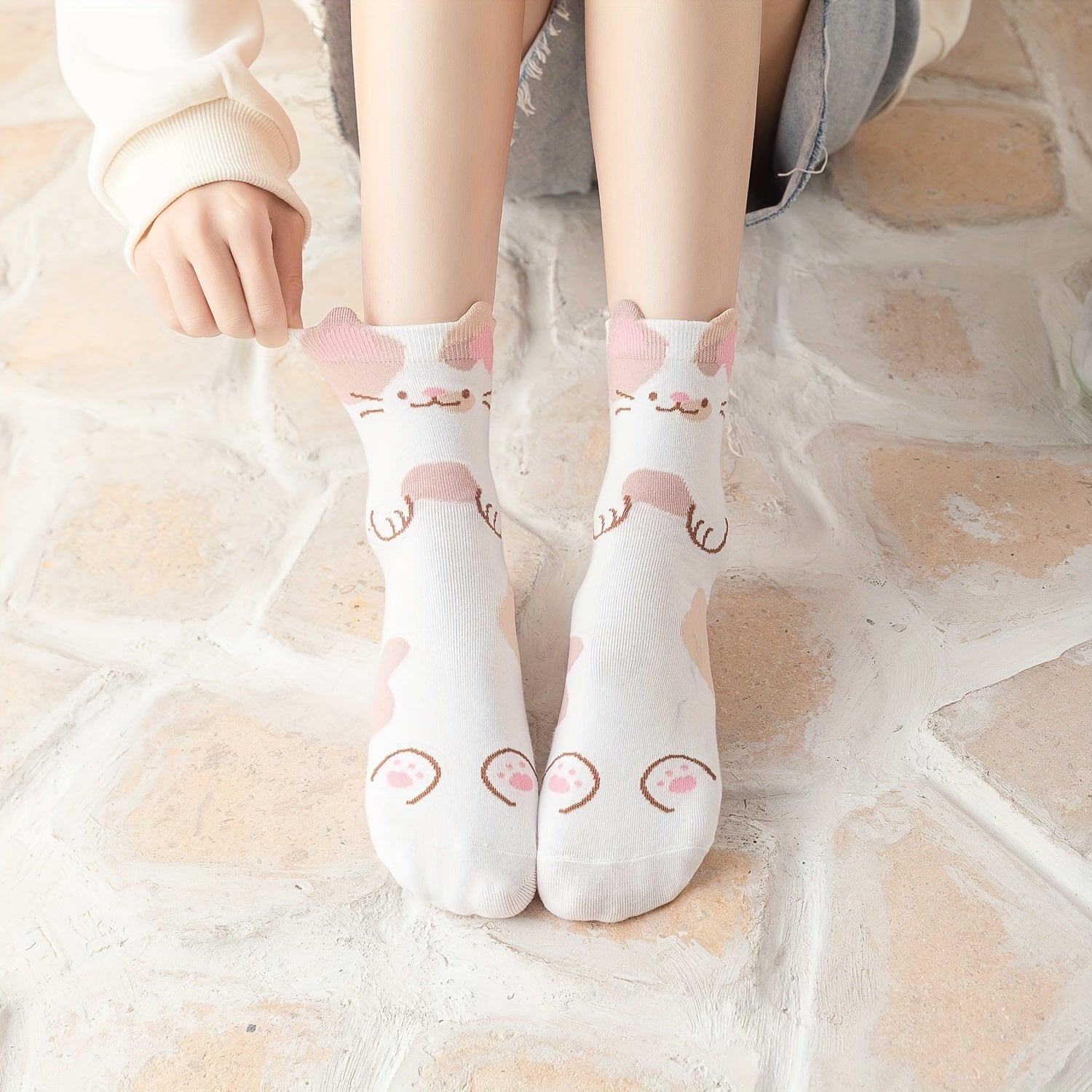 5 Pairs Cat Print Socks Lightweight Women's Stockings & Hosiery