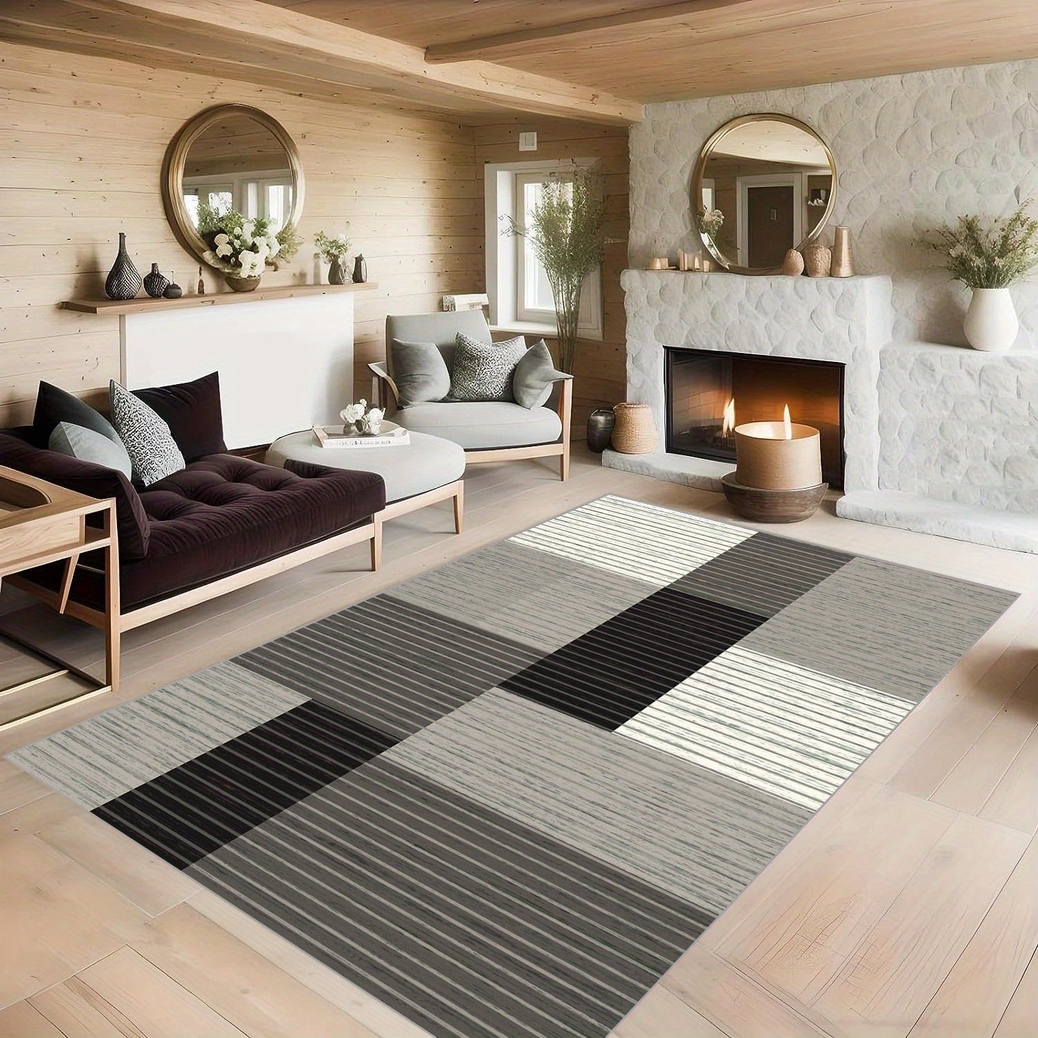 Geometric Line Print Area Rug for Living Room and Bedroom