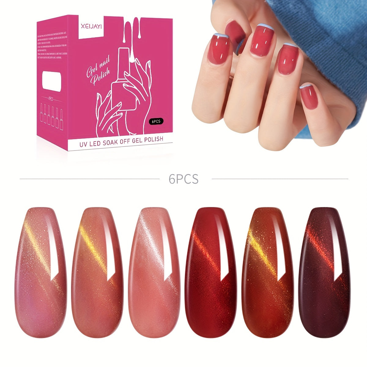 Cat Eye Gel Nail Polish Kit Red Brown 6 Colors Soak Off No Wipe Set
