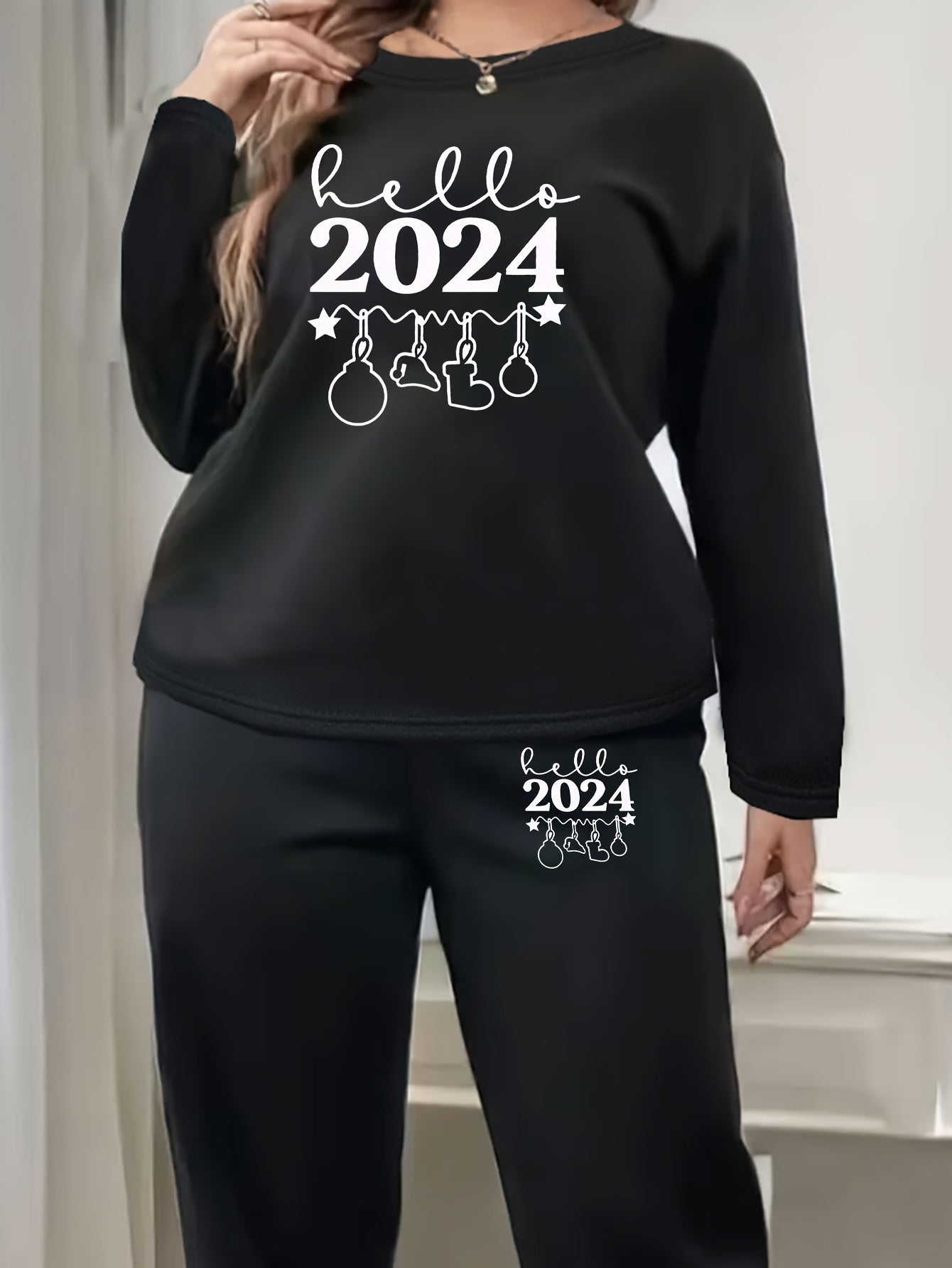 Women's Lounge Set Slogan Print Fleece Top & Joggers Pajamas