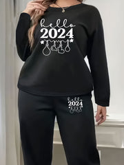 Women's Lounge Set Slogan Print Fleece Top & Joggers Pajamas