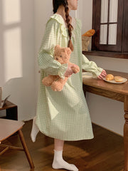 Plaid Print NightDress Ruffle Long Sleeve Crew Neck Pajama Dress