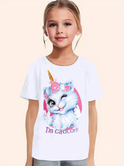Cartoon Cat Graphic Short Sleeve T-Shirt for Girls - Summer Gift