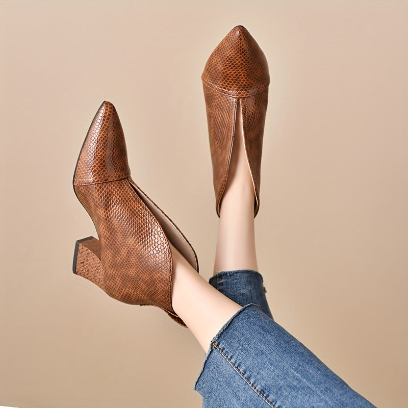 Women's Snakeskin V-cut Ankle Boots Chunky Heel Slip On Retro Short Boots