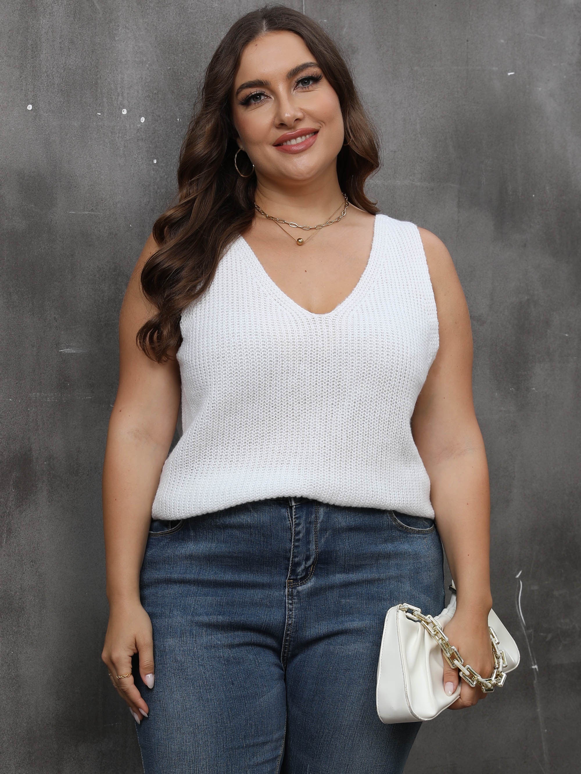 Sexy Knit Top Women's Plus Solid V Neck Twist Back Slight Stretch