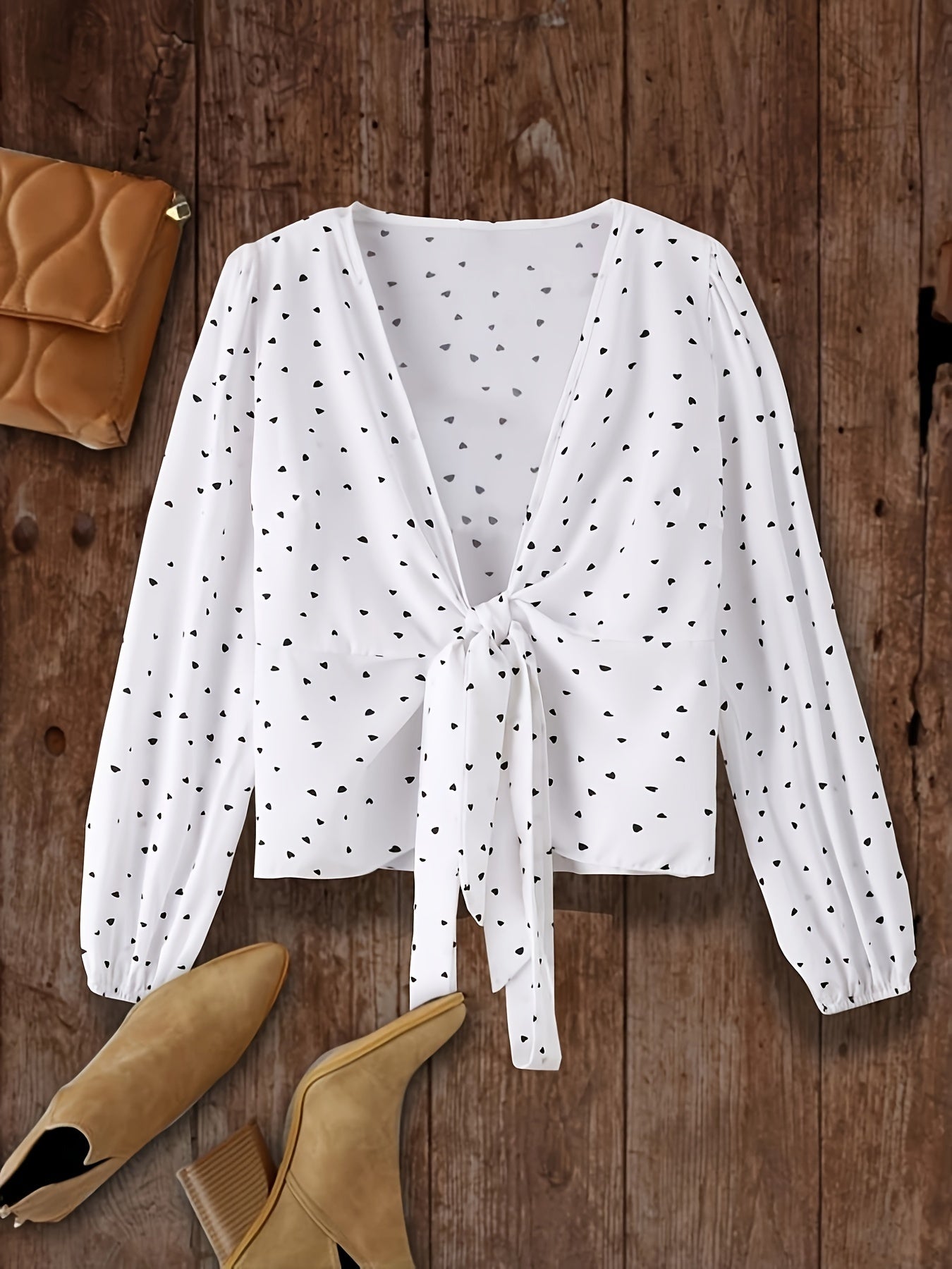 Heart Print Long Sleeve Wrap Top
