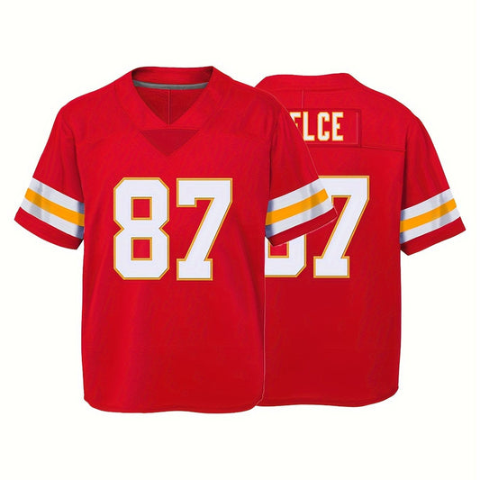 Youth 87 Red Football Jersey V neck Short Sleeve Uniform
