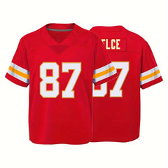 Youth 87 Red Football Jersey V neck Short Sleeve Uniform