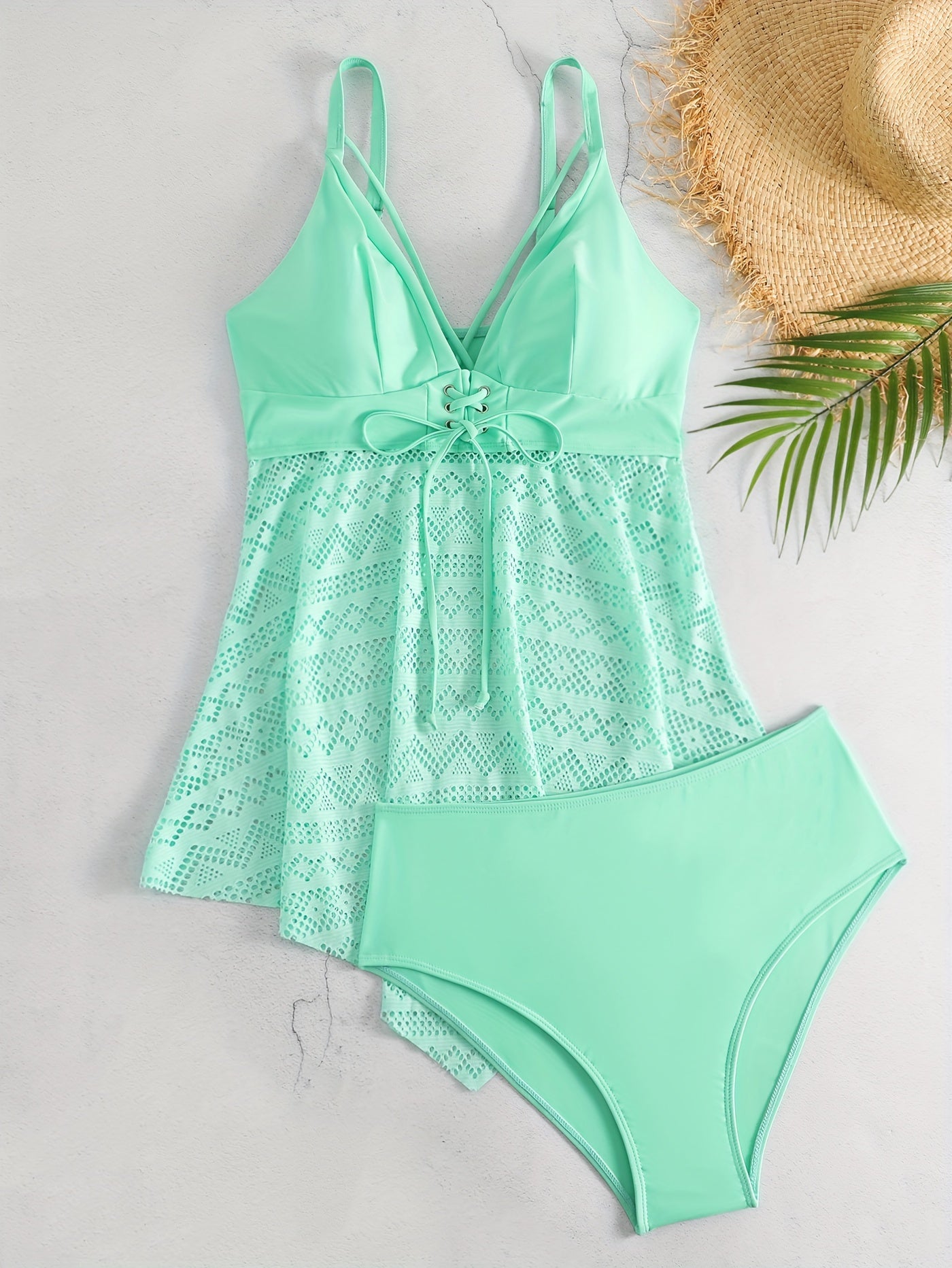 Eyelet Lace V Neck Tankini & Panty Swimsuit Set