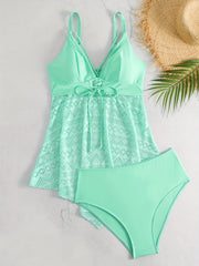 Eyelet Lace V Neck Tankini & Panty Swimsuit Set