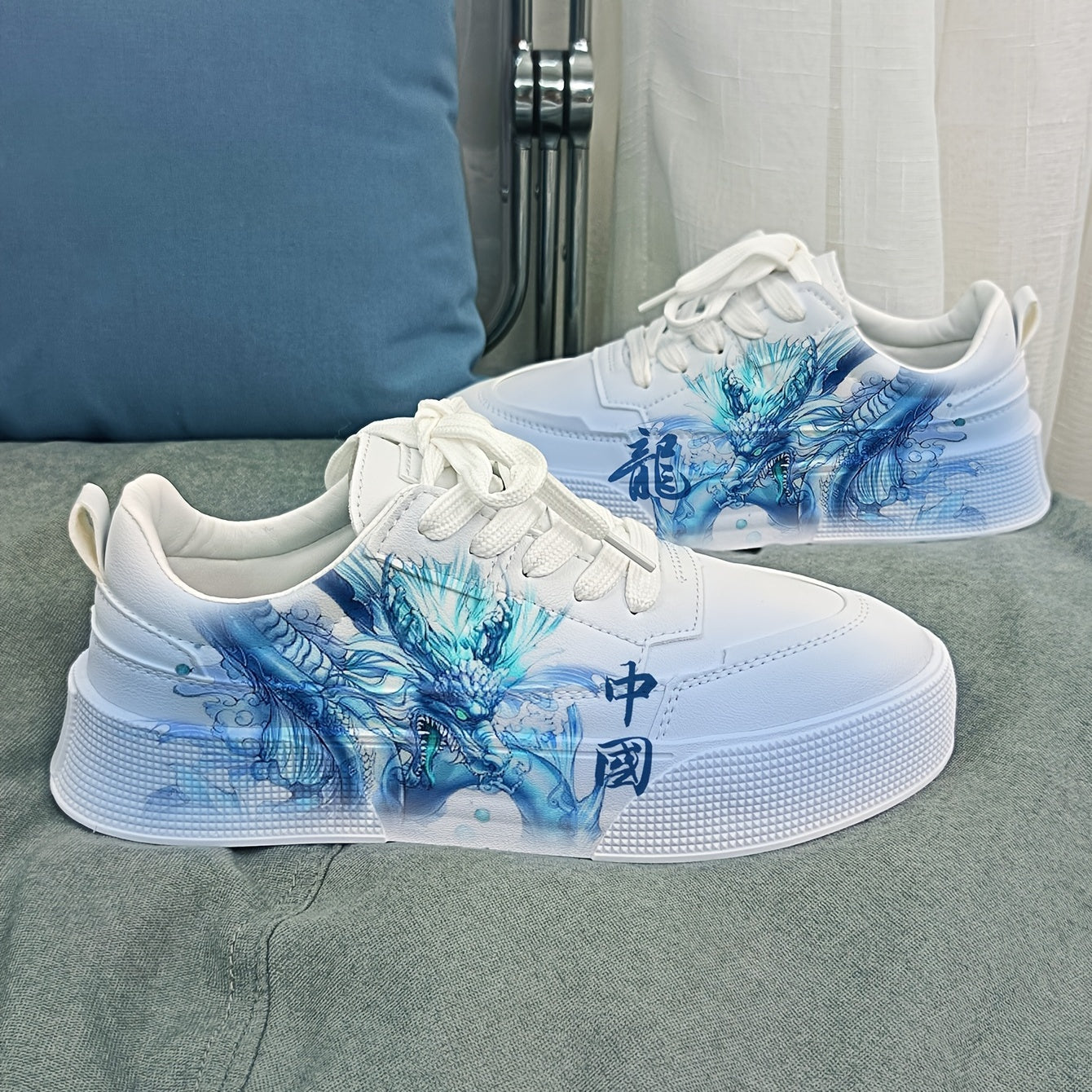 Men's Dragon Print Platform Sneakers Lace-up Skate Shoes