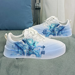 Men's Dragon Print Platform Sneakers Lace-up Skate Shoes