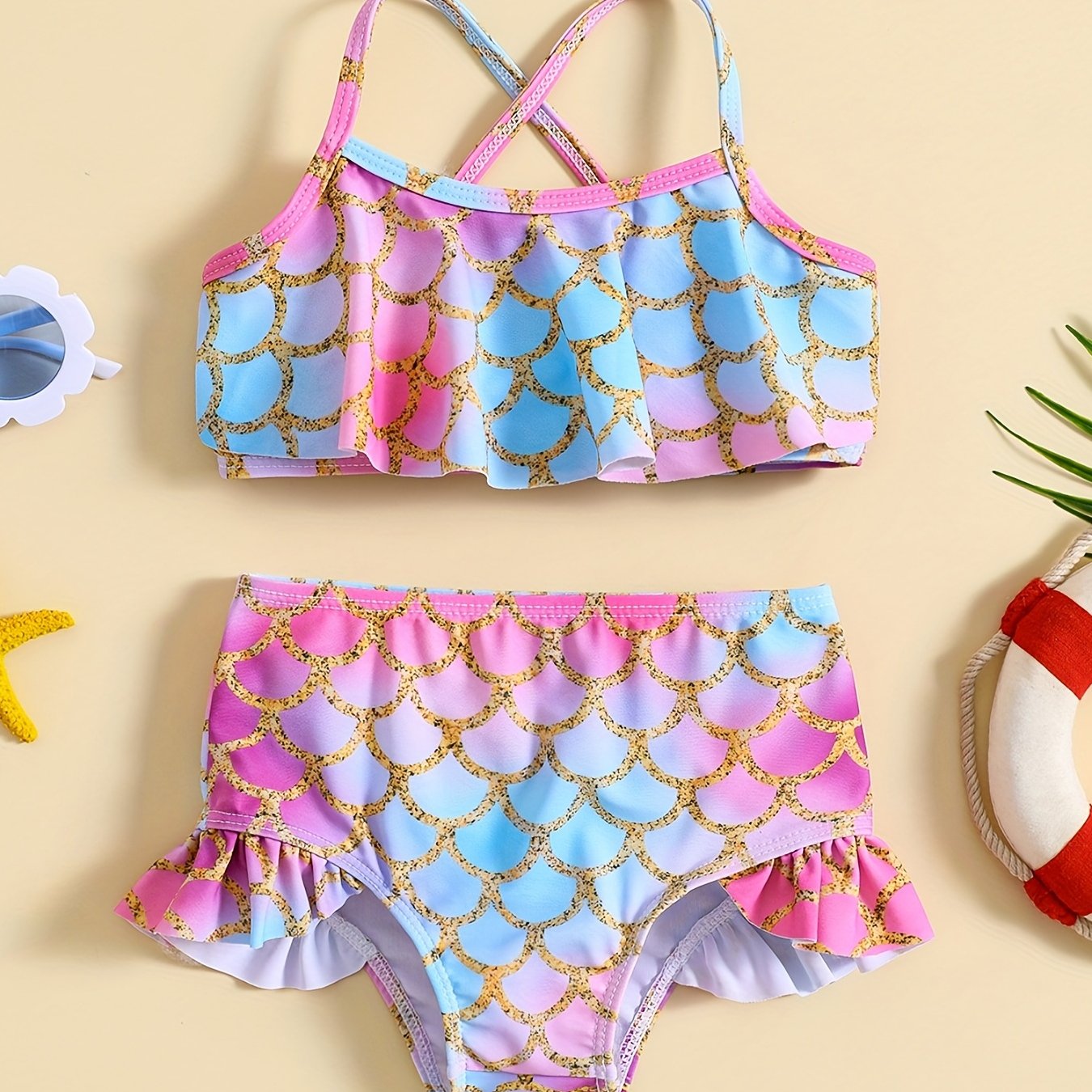 Kids' Summer Swimsuit Set Gradient Fish Scale Cami Top & Shorts Bikini Tankini