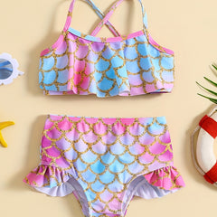 Kids' Summer Swimsuit Set Gradient Fish Scale Cami Top & Shorts Bikini Tankini