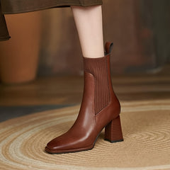 Square Toe Mid Calf Chunky Heeled Boots