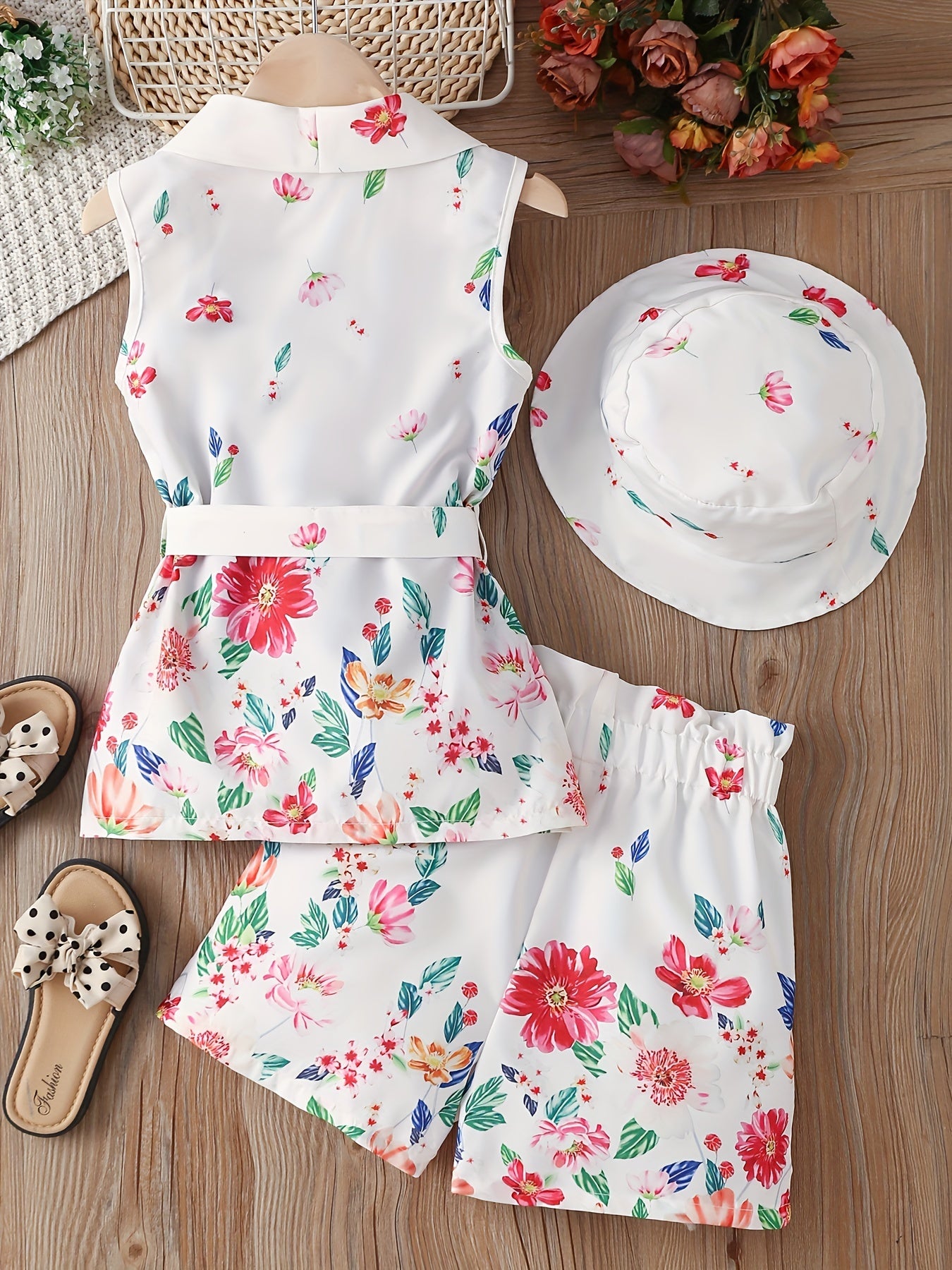 Girls Floral Suit Sleeveless Shirt Shorts Belt Hat Set