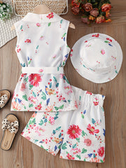 Girls Floral Suit Sleeveless Shirt Shorts Belt Hat Set