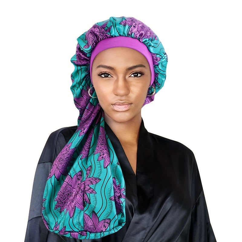 Boho Print Satin Sleep Cap Long Hair Silk Bonnet Elastic Band