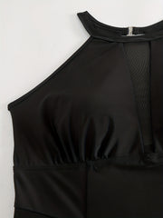 Contrast Mesh Halter Cut Out One Piece Swimsuit