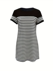 Casual Striped Print Splicing Dress Short Sleeve Crew Neck Dress