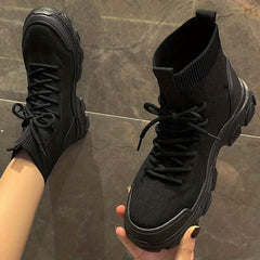 Knitted Ankle Boots Lace Up Combat Boots Elastic Platform Boots